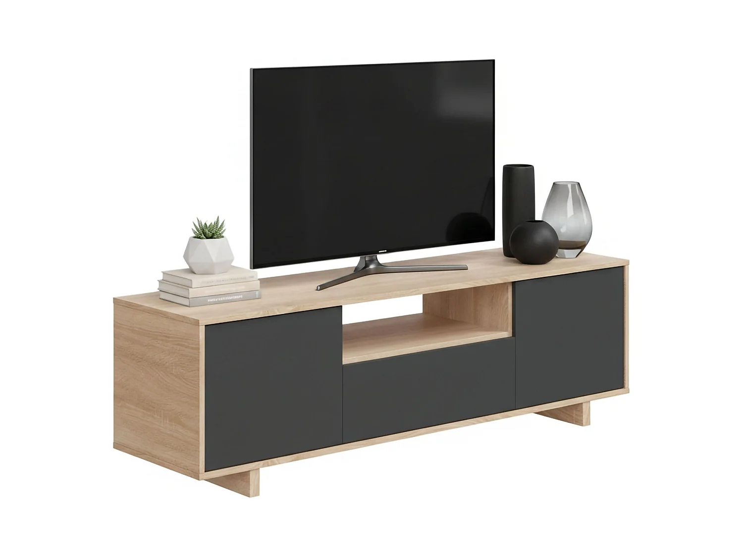 Meuble TV Visalia, Buffet pour télévision de salon, Meuble TV 3 portes, Buffet bas, 150x41h46 cm, Chêne