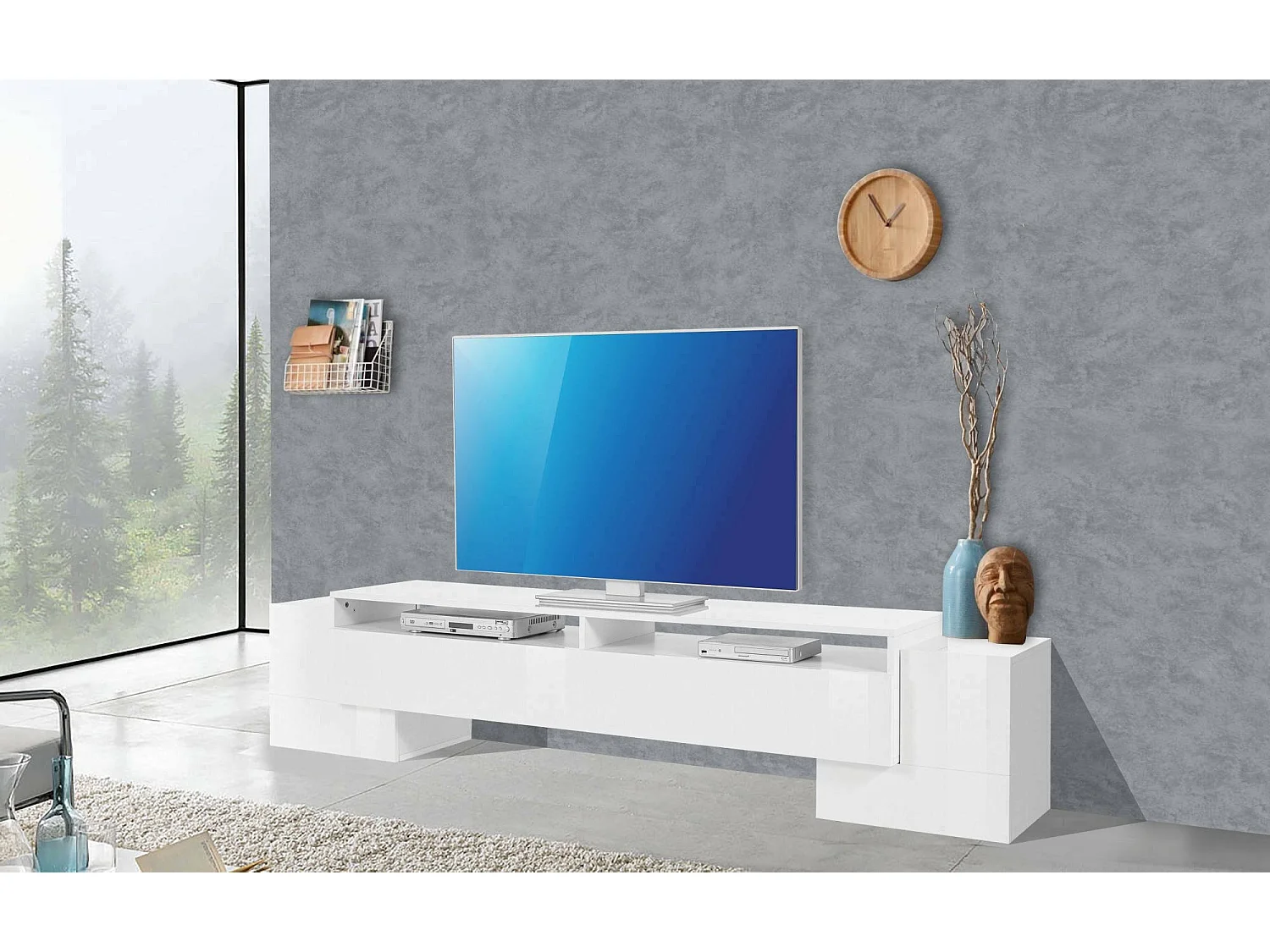 Meuble TV James, Buffet bas de salon, Base pour meuble TV, 100% Made in Italy, 210x45h45 cm, Blanc brillant