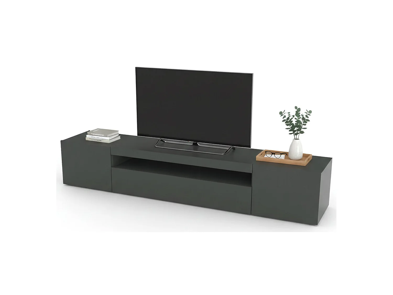 Mobile porta TV Jesse, Credenza bassa da soggiorno a 3 ante, Base porta televisione, 100% Made in Italy, cm 200x40h37, Antracite lucido