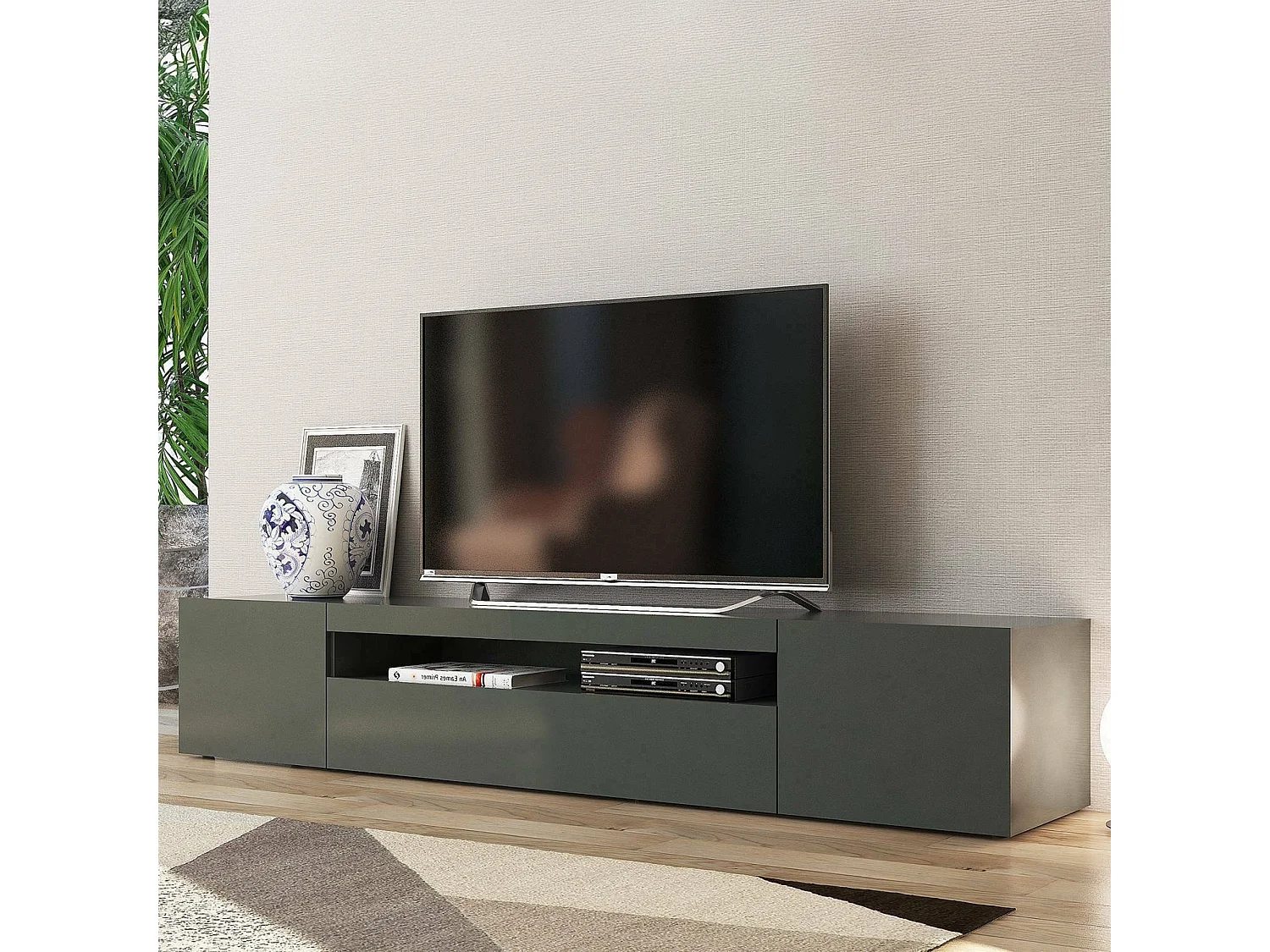 Mobile porta TV Jesse, Credenza bassa da soggiorno a 3 ante, Base porta televisione, 100% Made in Italy, cm 200x40h37, Antracite lucido