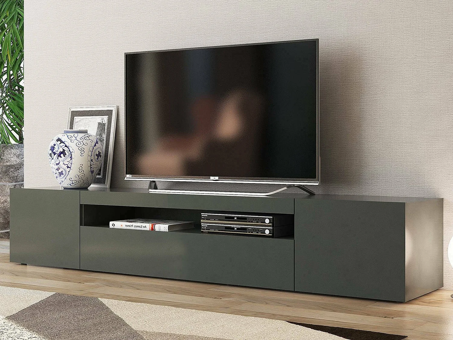 Mobile porta TV Jesse, Credenza bassa da soggiorno a 3 ante, Base porta televisione, 100% Made in Italy, cm 200x40h37, Antracite lucido