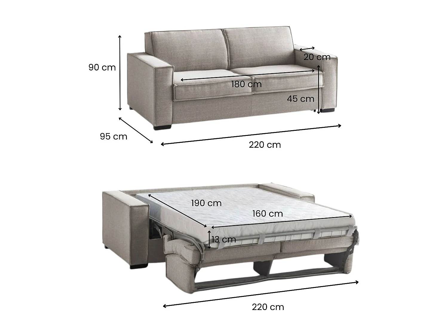 Canapé-lit Adalgisa, canapé 3 places, 100% Made in Italy, Canapé de salon à ouverture pivotante, en tissu rembourré, avec accoudoirs standards, 220x95h90 cm, Taupe