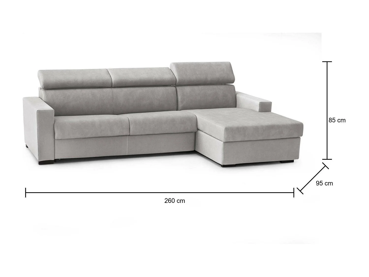 Alceste Slaapbank, Hoekbank, 100% Made in Italy, Bank met draaibare opening, met opbergschiereiland rechts, met slanke armleuningen, 260x95h85 cm, Grijs