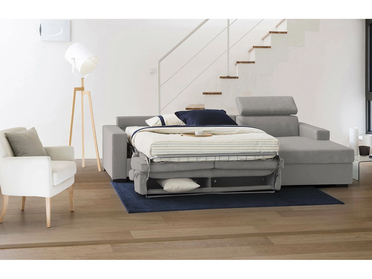 Canapé-lit Alceste, Canapé d'angle, 100% Made in Italy, Canapé à ouverture pivotante, avec péninsule de rangement droite, avec accoudoirs fins, 260x95h85 cm, Gris