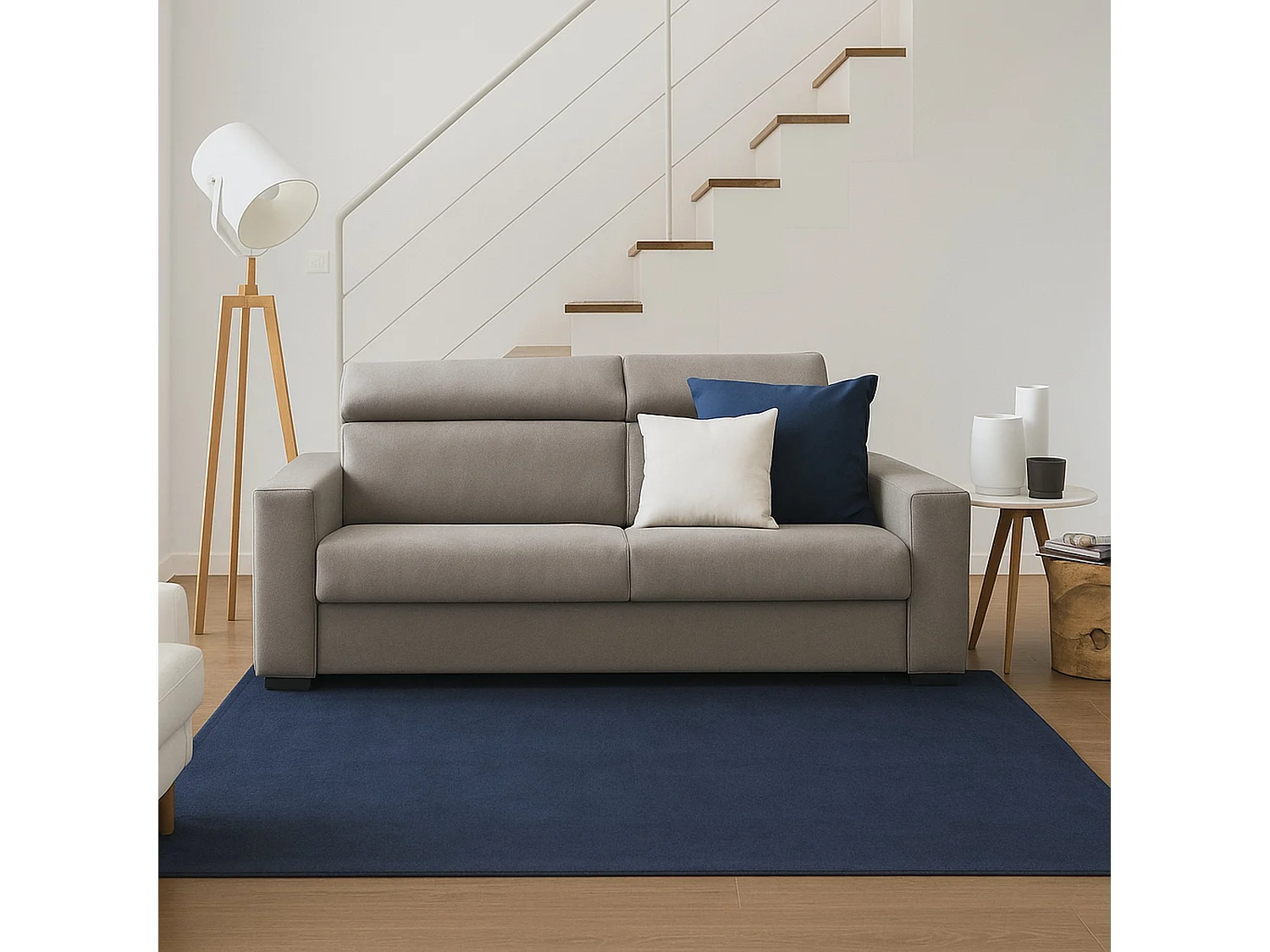 Sofá fijo 2 plazas Micaela, Sofá de tela acolchada, Reposacabezas ajustables y apoyabrazos delgados, 100% Made in Italy, Cm 200x95h85, Taupe