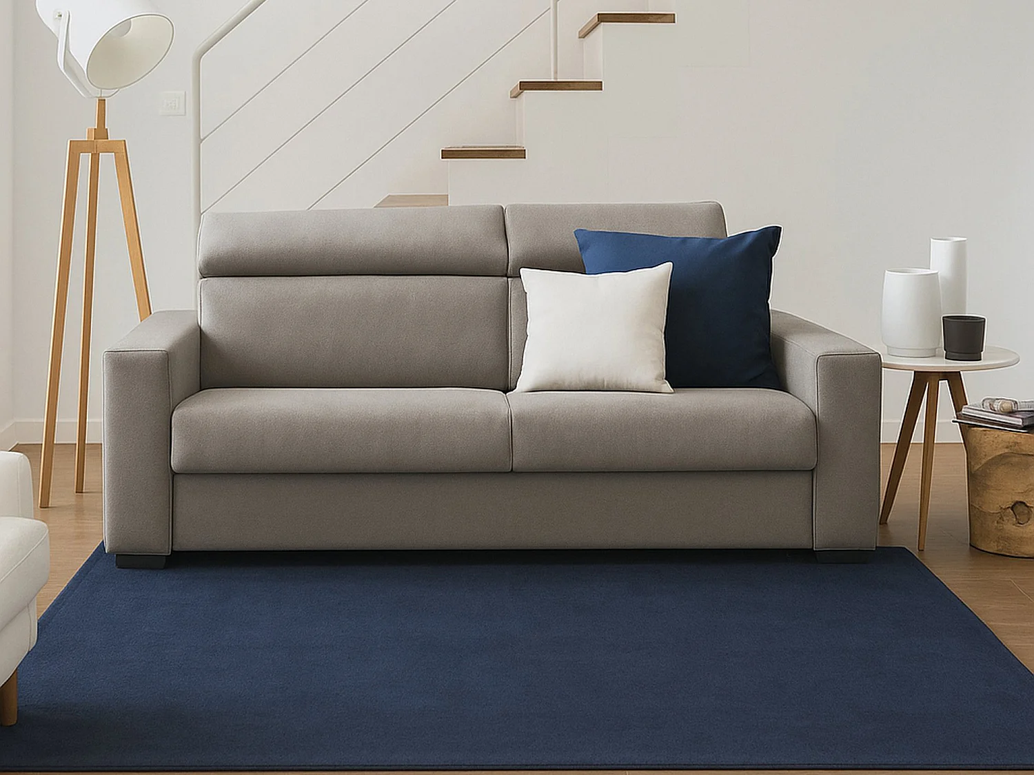 Sofá fijo 2 plazas Micaela, Sofá de tela acolchada, Reposacabezas ajustables y apoyabrazos delgados, 100% Made in Italy, Cm 200x95h85, Taupe