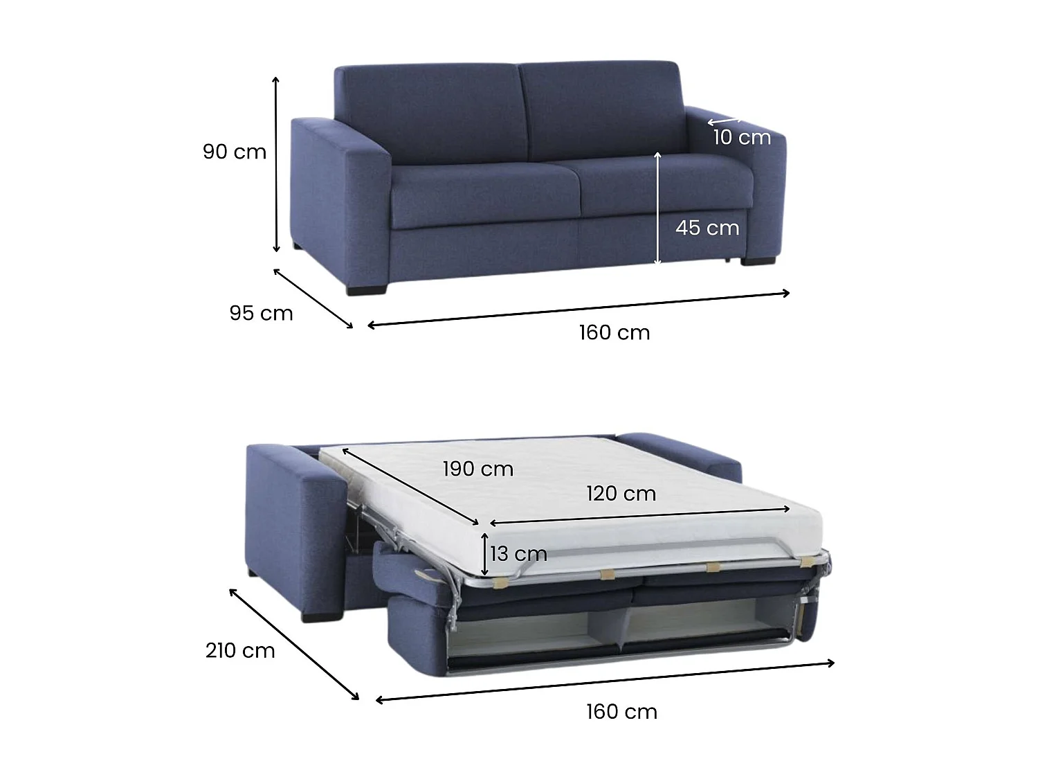 Alena slaapbank, 2-zitsbank, 100% Made in Italy, woonkamerbank met draaibare opening, in gewatteerde stof, met slanke armleuningen, 160x95h90 cm, Blauw