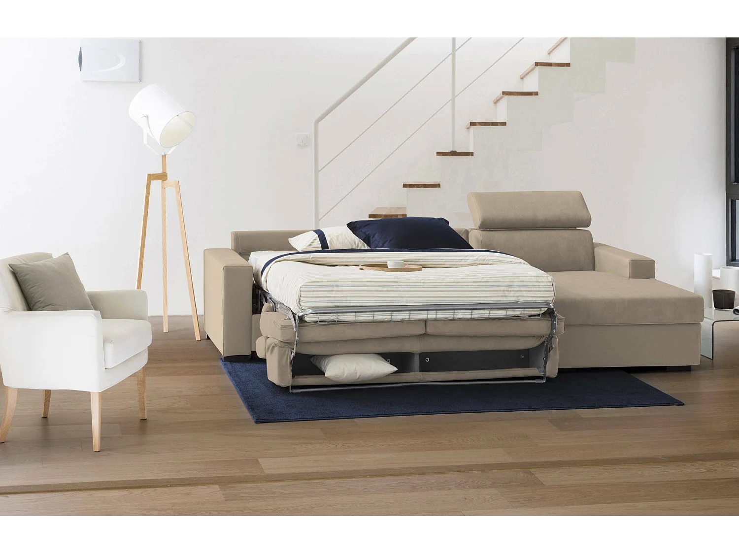 Canapé-lit Alceste, Canapé d'angle, 100% Made in Italy, Canapé à ouverture pivotante, avec péninsule de rangement droite, avec accoudoirs fins, 260x95h85 cm, Beige