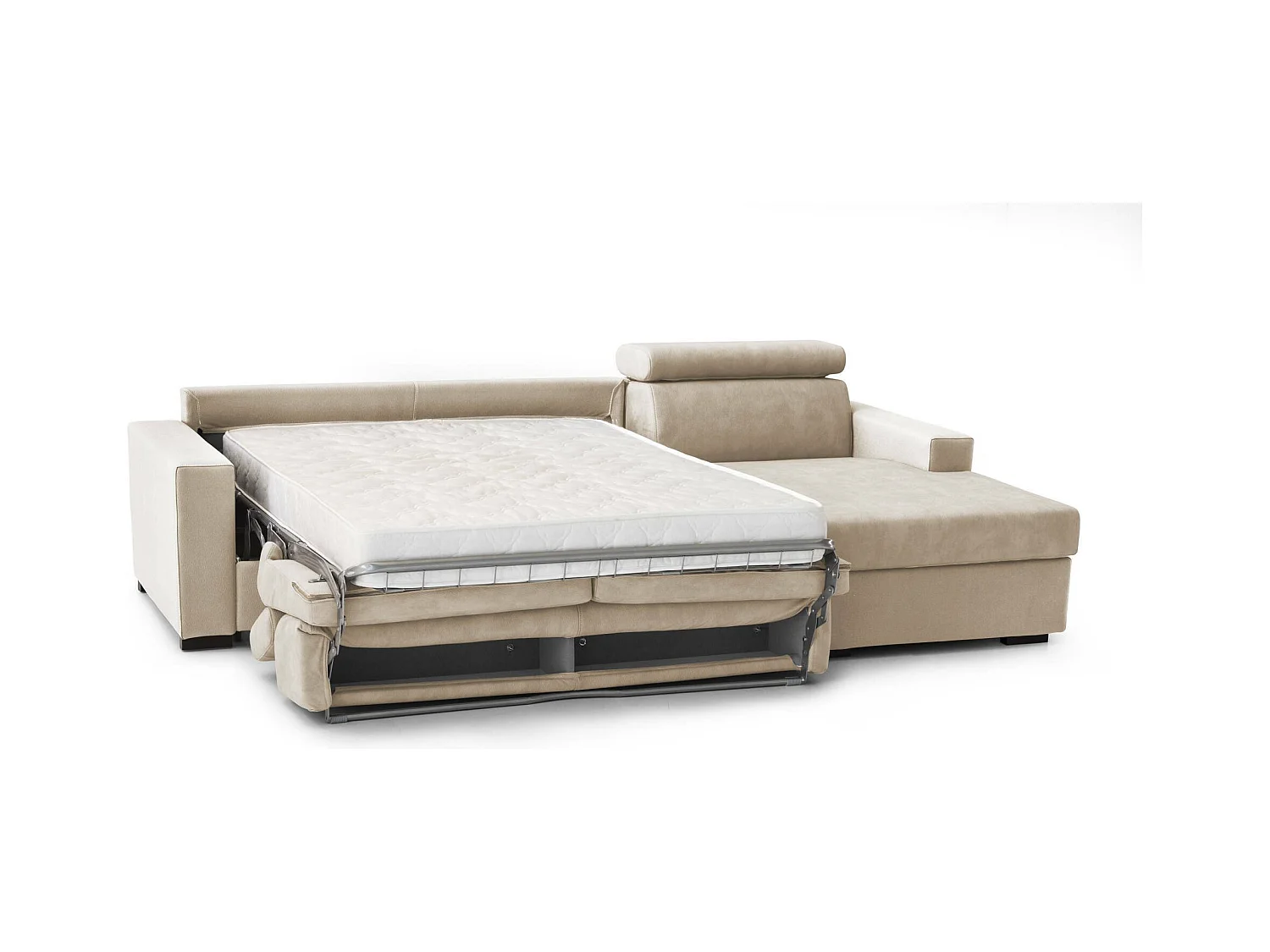 Canapé-lit Alceste, Canapé d'angle, 100% Made in Italy, Canapé à ouverture pivotante, avec péninsule de rangement droite, avec accoudoirs fins, 260x95h85 cm, Beige