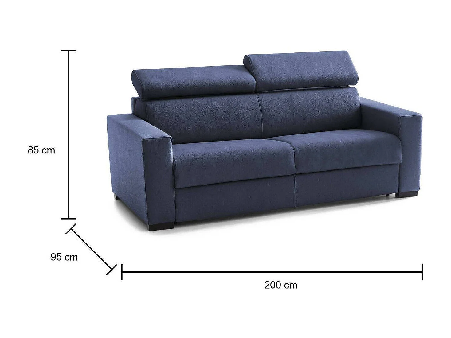 Divano Letto Aisha, Divano a 3 posti, 100% Made in Italy, Sofà Soggiorno con apertura girevole, con poggiatesta regolabili e Braccioli slim, Cm 200x95h85, Blu