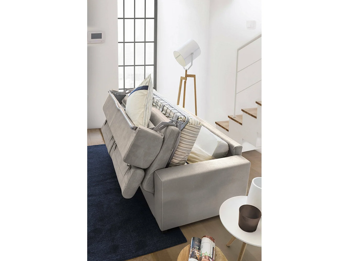 Agostina slaapbank, 2-zitsbank, 100% Made in Italy, woonkamerbank met draaibare opening, met verstelbare hoofdsteunen en slanke armleuningen, 160x95h85 cm, Taupe