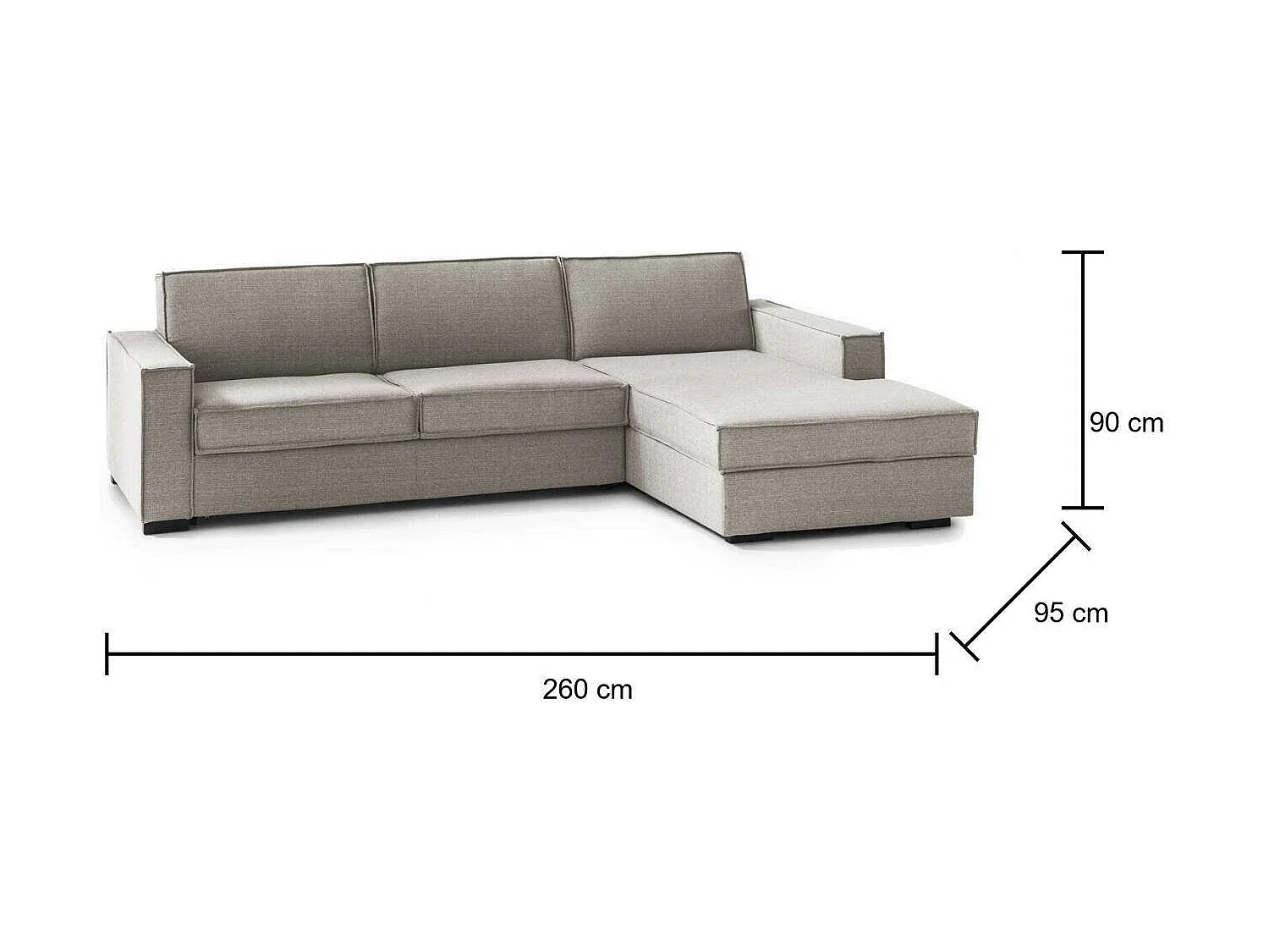 Canapé fixe Maia, Canapé d'angle, 100% Made in Italy, Canapé de salon avec, Péninsule conteneur droite, avec accoudoirs fins, Cm 260x95h90, Taupe