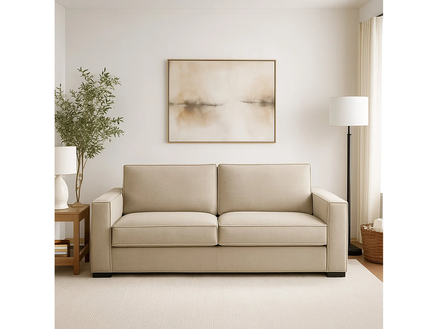 Canapé fixe Carol, canapé 2 places, 100% Made in Italy, Canapé de salon en tissu, avec accoudoirs fins, 160x95h90 cm, Beige