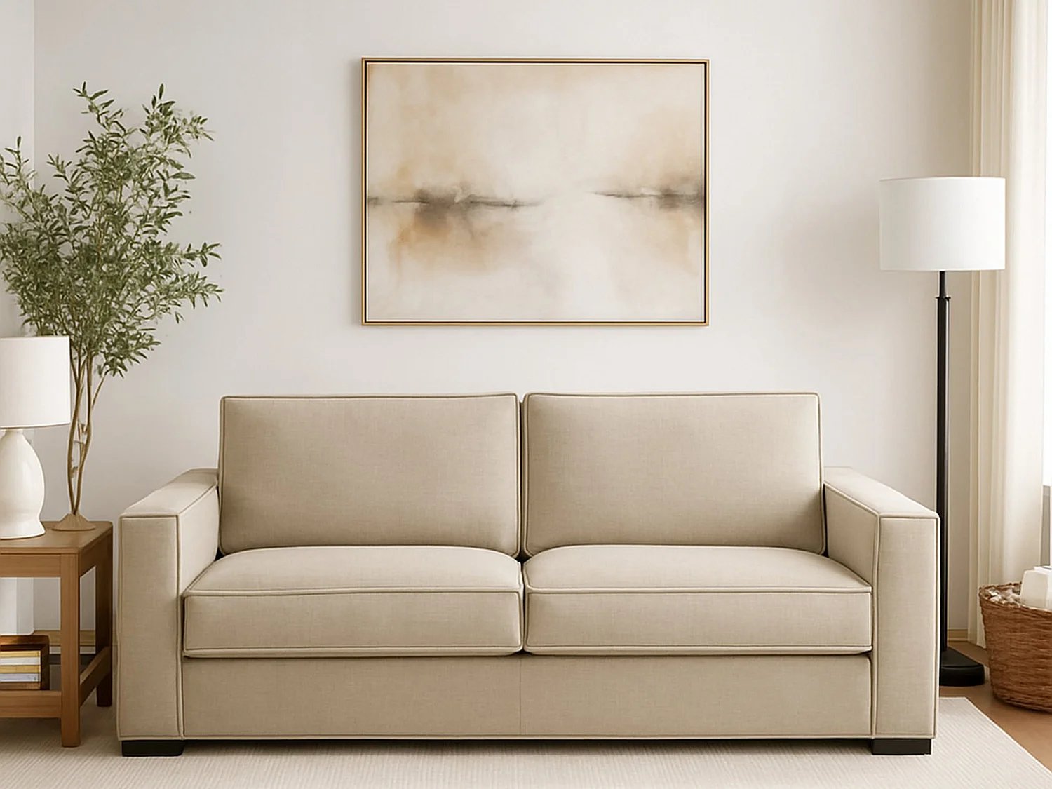 Canapé fixe Carol, canapé 2 places, 100% Made in Italy, Canapé de salon en tissu, avec accoudoirs fins, 160x95h90 cm, Beige