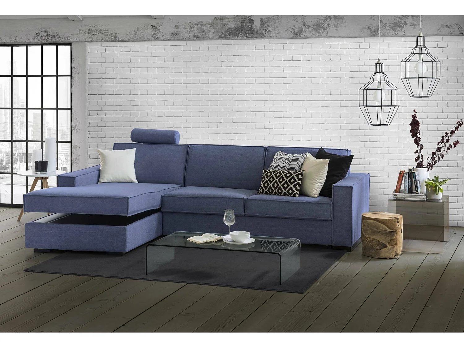 Canapé fixe Grazia, Canapé d'angle, 100% Made in Italy, Canapé de salon avec, Péninsule conteneur gauche, avec accoudoirs standards, 280x95h90 cm, Bleu