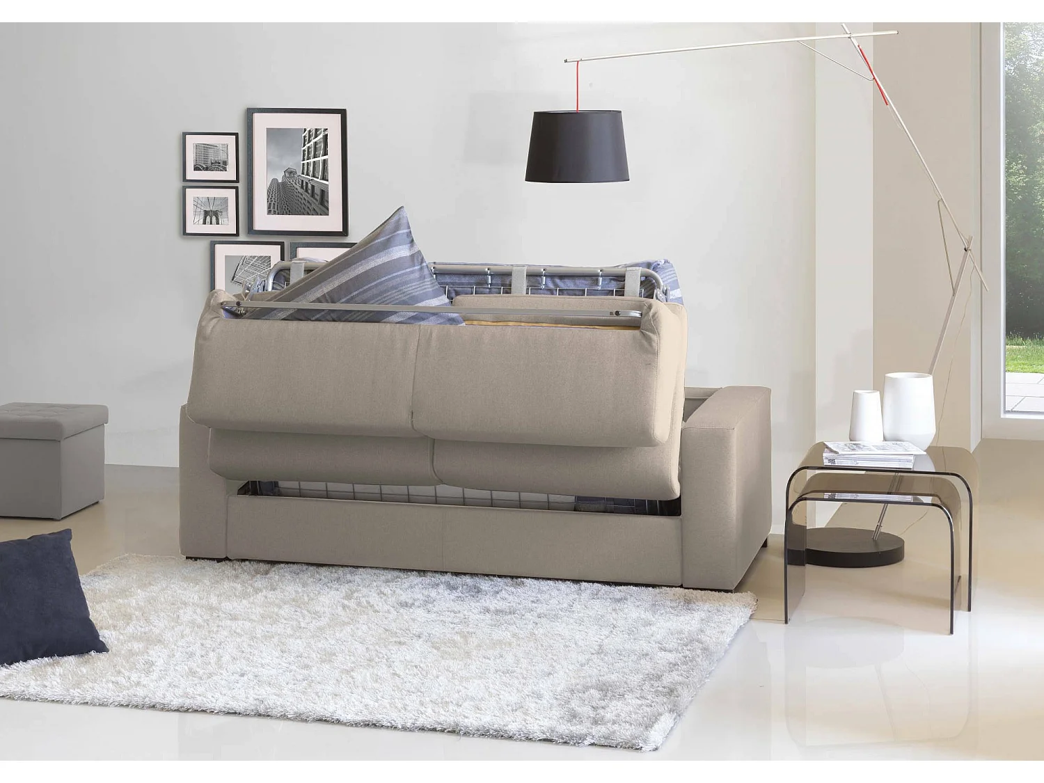 Canapé-lit Aleandra, Canapé d'angle, 100% Made in Italy, Canapé à ouverture pivotante, avec péninsule de rangement gauche, avec accoudoirs fins, Cm 260x95h85, Taupe