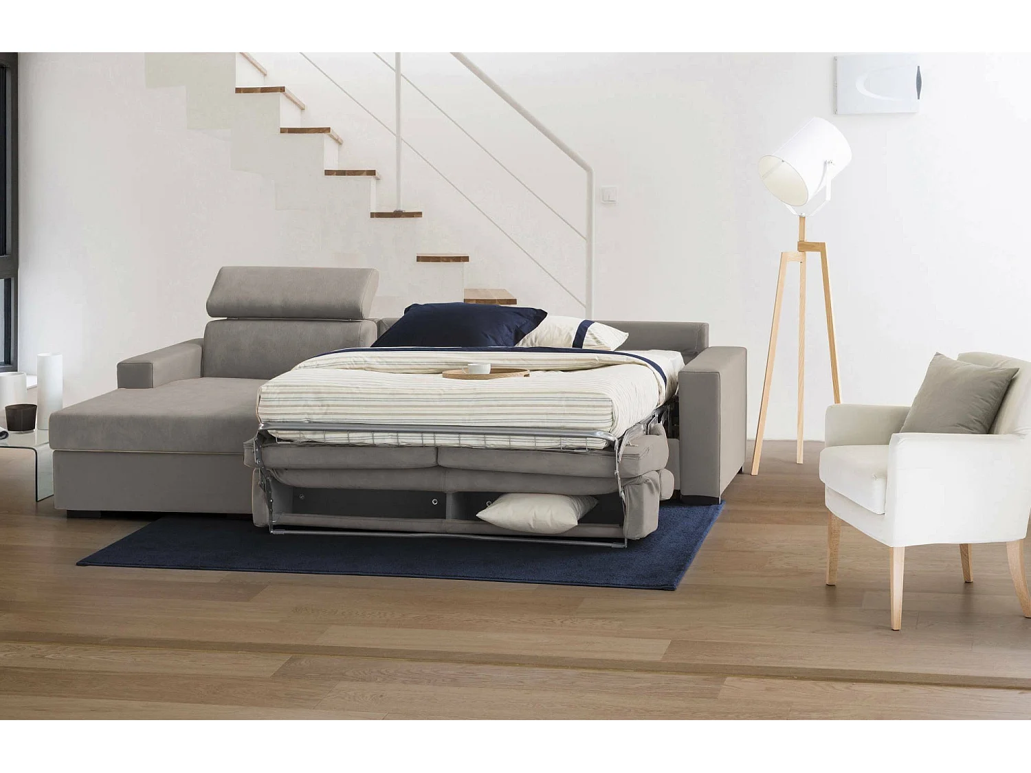 Canapé-lit Aleandra, Canapé d'angle, 100% Made in Italy, Canapé à ouverture pivotante, avec péninsule de rangement gauche, avec accoudoirs fins, Cm 260x95h85, Taupe