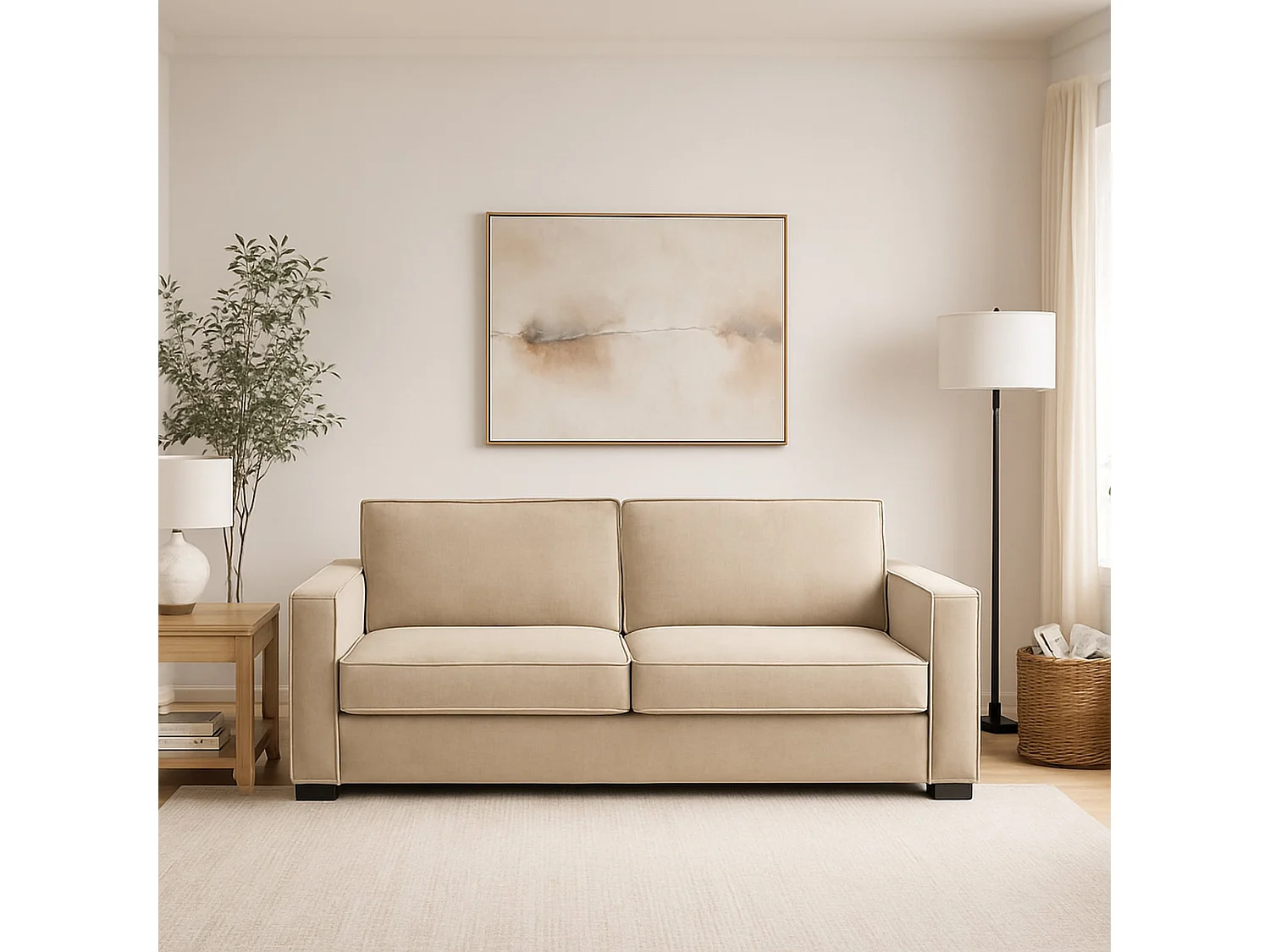 Canapé fixe Manuela, Grand canapé 2 places, 100% Made in Italy, Canapé de salon en tissu, avec accoudoirs standards, 200x95h90 cm, Beige