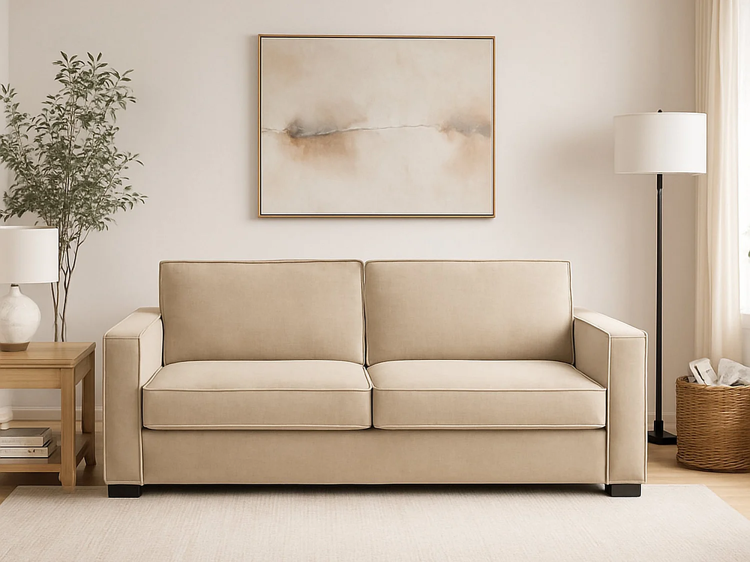 Canapé fixe Manuela, Grand canapé 2 places, 100% Made in Italy, Canapé de salon en tissu, avec accoudoirs standards, 200x95h90 cm, Beige