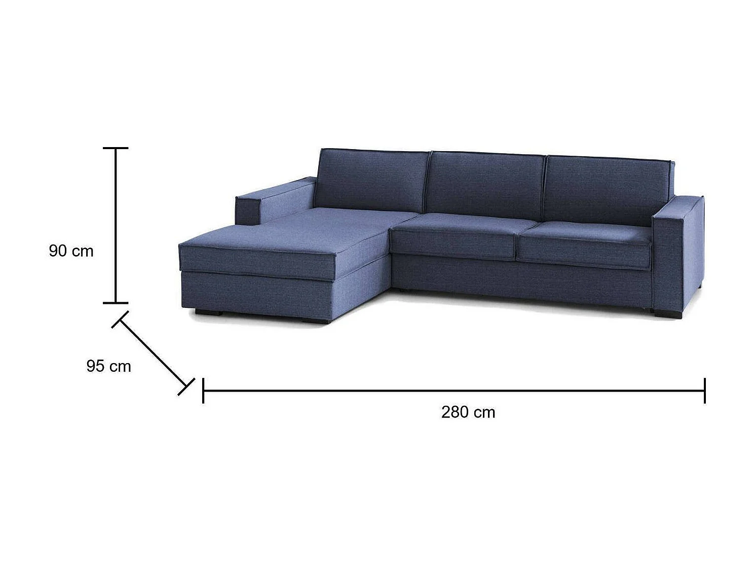 Divano letto con penisola Adelina, Sof con penisola contenitore Sinistra, Braccioli standard, 100% Made in Italy, Cm 280x95h90, Blu