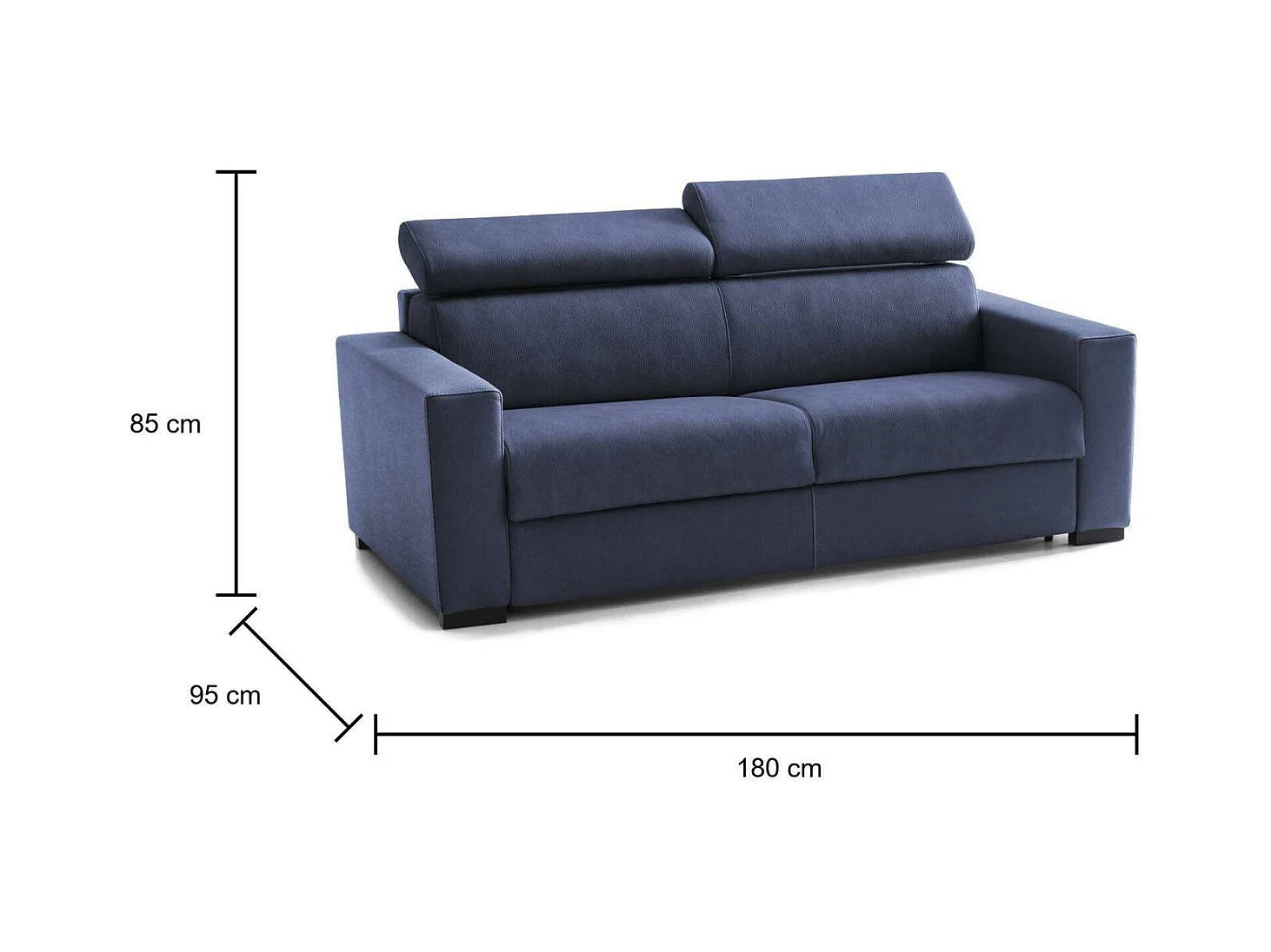 Divano Letto Aida, Divano a 2 posti Large, 100% Made in Italy, Sofà Soggiorno con apertura girevole, con poggiatesta regolabili e Braccioli slim, Cm 180x95h85, Blu