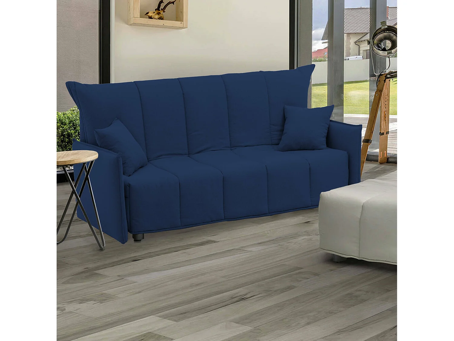 Canapé-lit Allyson, canapé 3 places, 100% Made in Italy, Canapé de salon avec ouverture trolley, en tissu rembourré, avec accoudoirs standards, 190x90h85 cm, Bleu