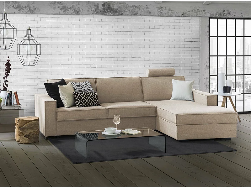 Canapé-lit Adelia, Canapé d'angle, 100% Made in Italy, Canapé avec ouverture pivotante, Péninsule de rangement droite, avec accoudoirs fins, 260x95h90 cm, Beige