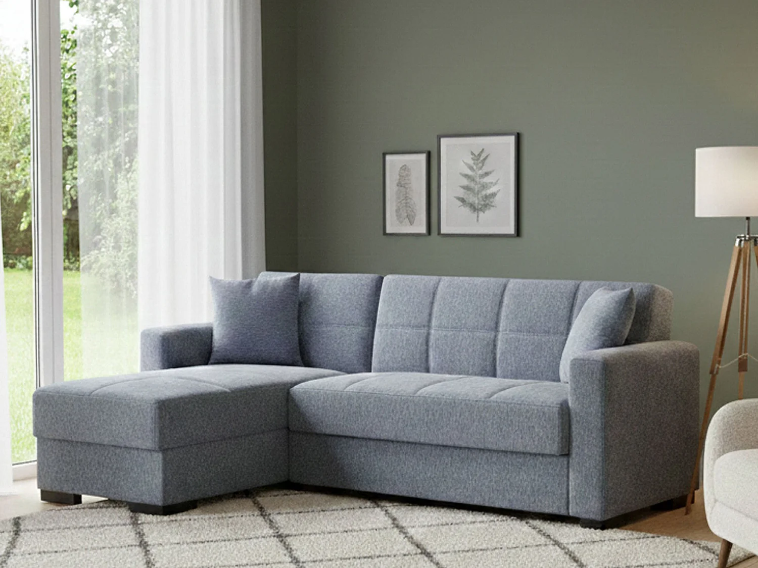 Sofá cama Fernando, Sofá cama rinconera con península reversible, Sofá contenedor para salón con chaiselongue y 2 cojines, 230x150h81 cm, Gris