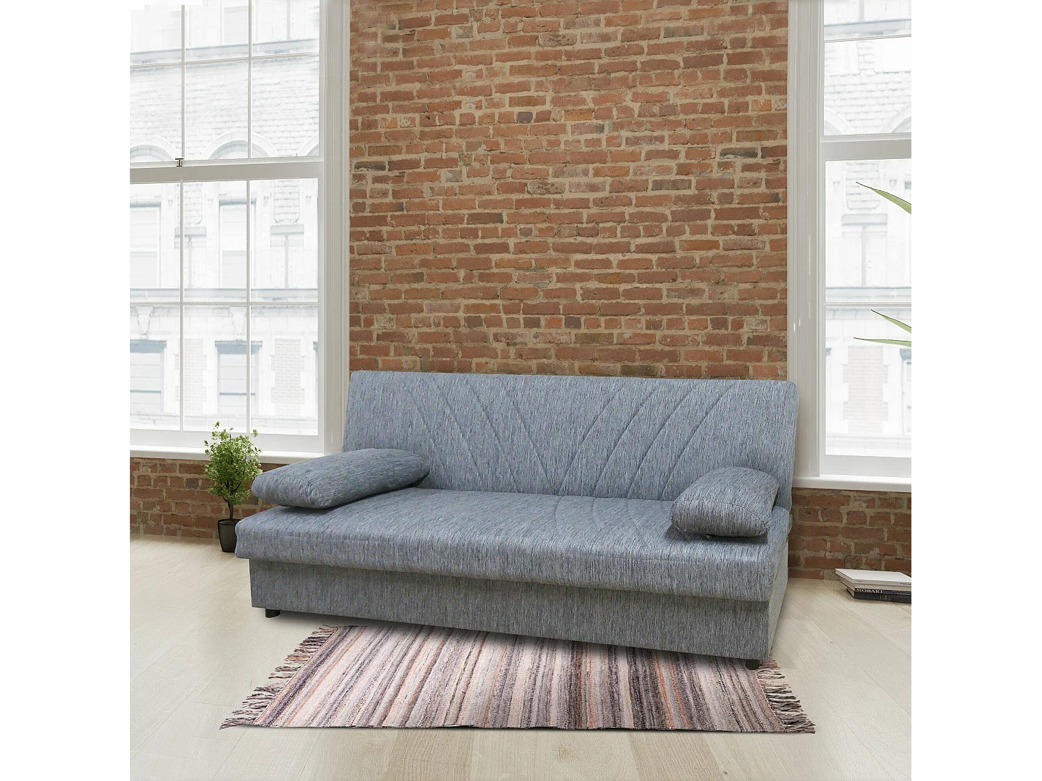 Canapé Ramon, Canapé conteneur 3 places avec 2 coussins inclus, Canapé de salon en tissu rembourré avec ouverture clic-clac, 181x81h88 cm, Gris