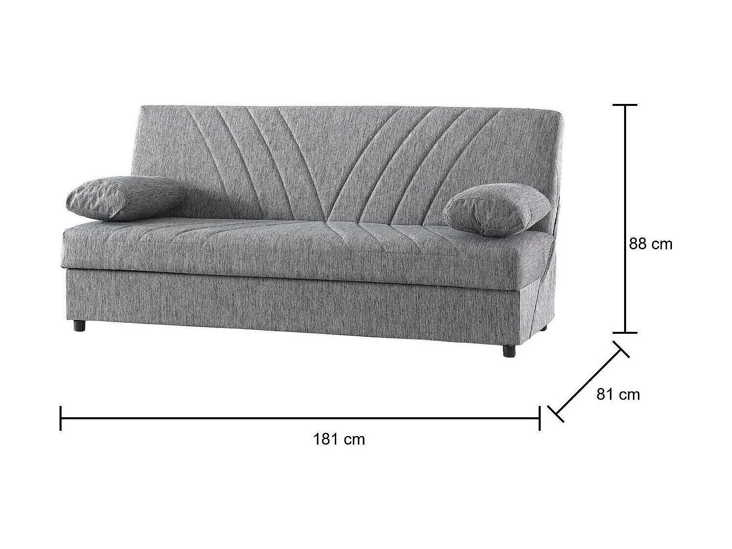 Canapé Ramon, Canapé conteneur 3 places avec 2 coussins inclus, Canapé de salon en tissu rembourré avec ouverture clic-clac, 181x81h88 cm, Gris