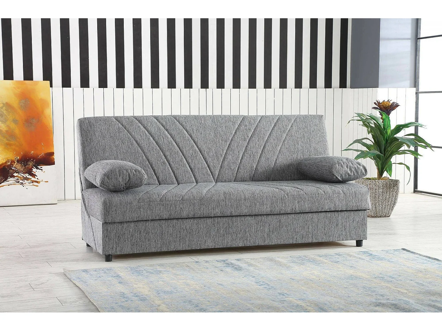 Sofá cama Ramon, sofá cama de 3 lugares com arrumação com 2 almofadas incluídas, Sofá da sala em tecido acolchoado com abertura click-clack, 181x81h88 cm, Cinza