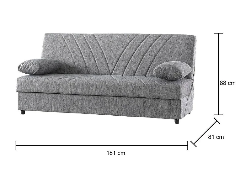 Canapé Ramon, Canapé conteneur 3 places avec 2 coussins inclus, Canapé de salon en tissu rembourré avec ouverture clic-clac, 181x81h88 cm, Gris