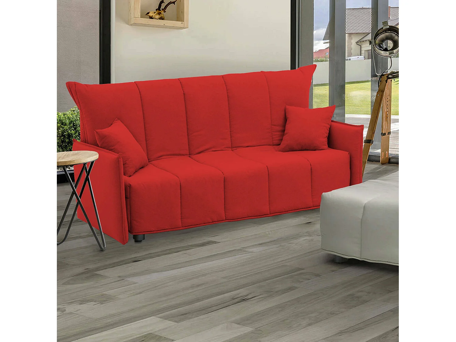 Divano Letto Alissa, Divano a 2 posti, 100% Made in Italy, Sofà Soggiorno con apertura a carrello, in tessuto imbottito, con Braccioli standard, Cm 150x90h85, Rosso