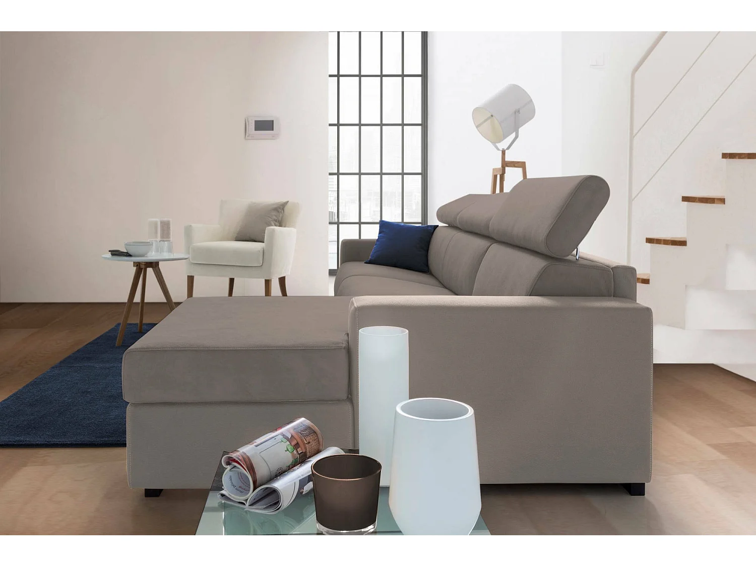 Alceste Slaapbank, Hoekbank, 100% Made in Italy, Bank met draaibare opening, met rechts opbergschiereiland, met slanke armleuningen, Cm 260x95h85, Taupe