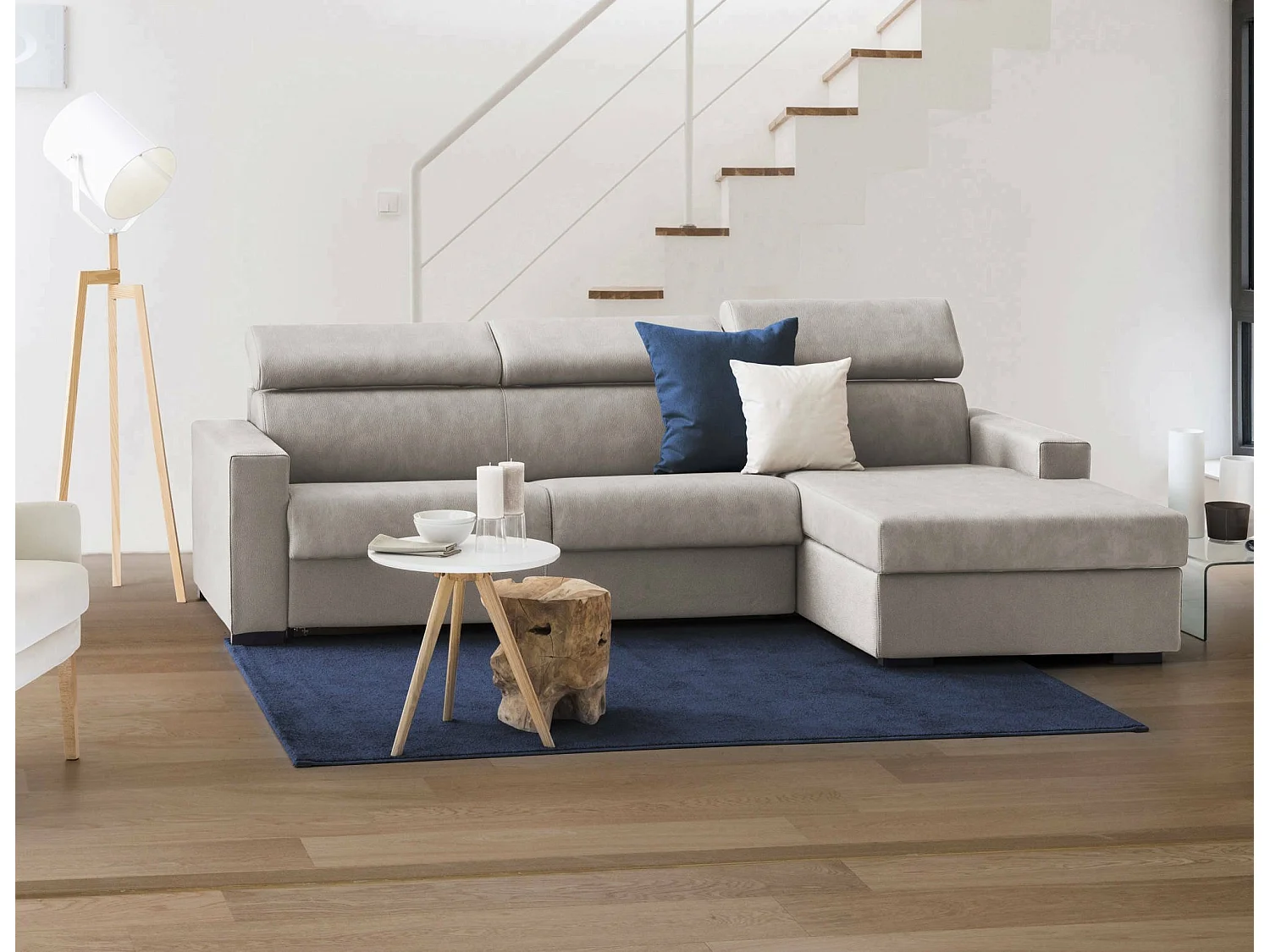 Sofá-cama Alceste, Sofá de canto, 100% Fabricado na Itália, Sofá com abertura giratória, com península de arrumação direita, com braços finos, Cm 260x95h85, Taupe