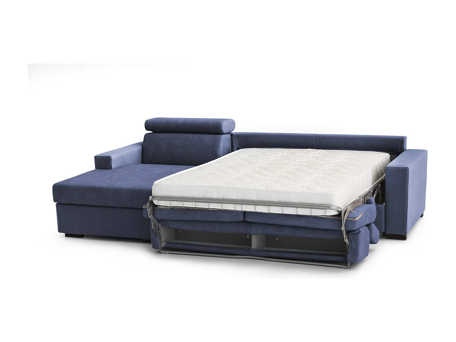 Canapé-lit Aleandra, Canapé d'angle, 100% Made in Italy, Canapé à ouverture pivotante, avec péninsule de rangement gauche, avec accoudoirs fins, 260x95h85 cm, Bleu