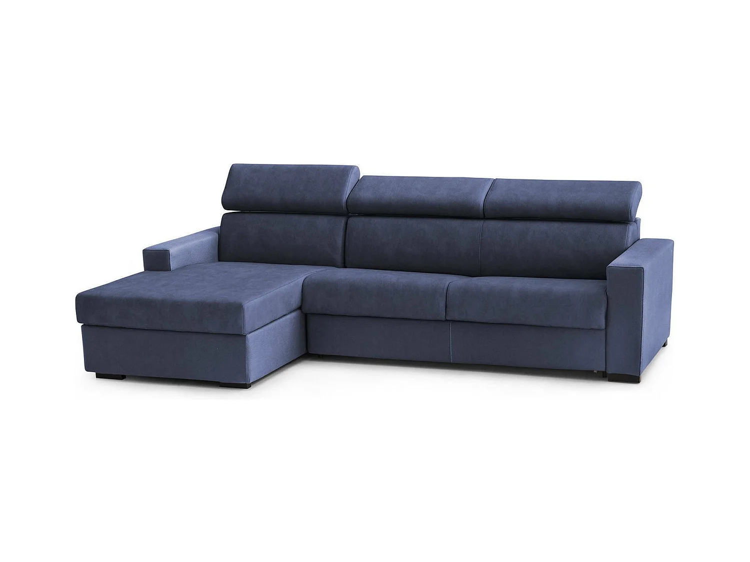 Canapé-lit Aleandra, Canapé d'angle, 100% Made in Italy, Canapé à ouverture pivotante, avec péninsule de rangement gauche, avec accoudoirs fins, 260x95h85 cm, Bleu