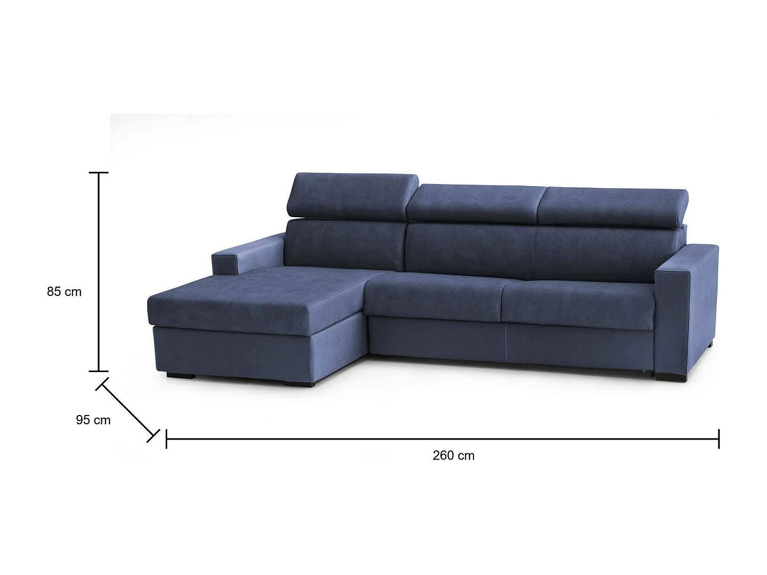 Sofá-cama Aleandra, Sofá de canto, 100% Fabricado na Itália, Sofá com abertura giratória, com península de arrumação esquerda, com braços finos, 260x95h85 cm, Azul