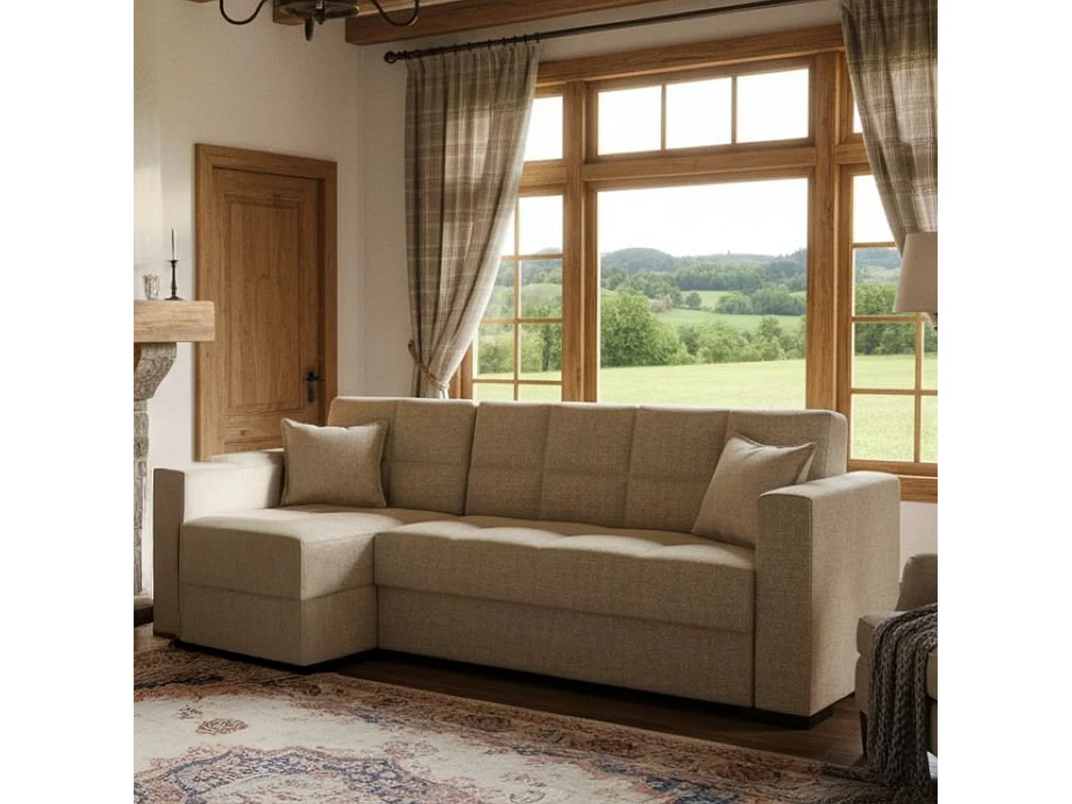 Sofá cama Fernando, Sofá cama rincón con península reversible, Sofá contenedor para salón con chaiselongue y 2 cojines, 230x150h81 cm, Beige