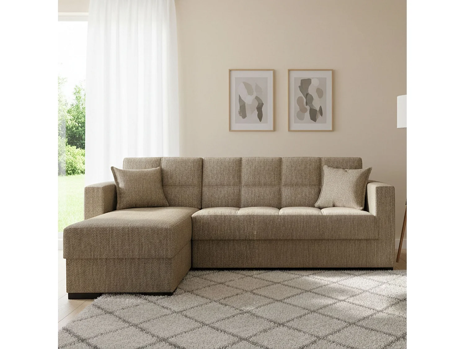 Canapé Fernando, Canapé d'angle avec péninsule réversible, Canapé de rangement pour le salon avec chaiselongue et 2 coussins, 230x150h81 cm, Beige