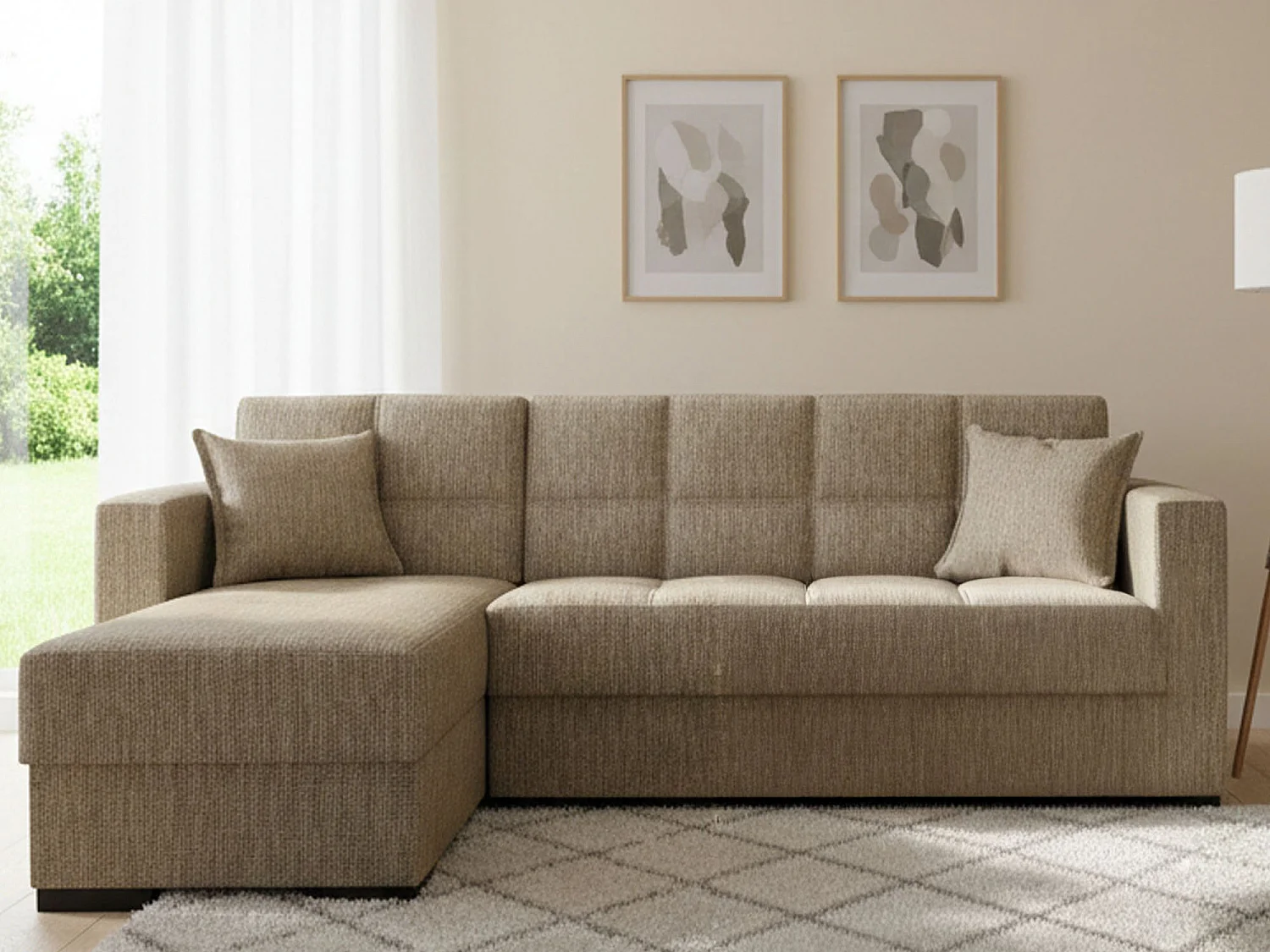 Sofá cama Fernando, Sofá cama rincón con península reversible, Sofá contenedor para salón con chaiselongue y 2 cojines, 230x150h81 cm, Beige