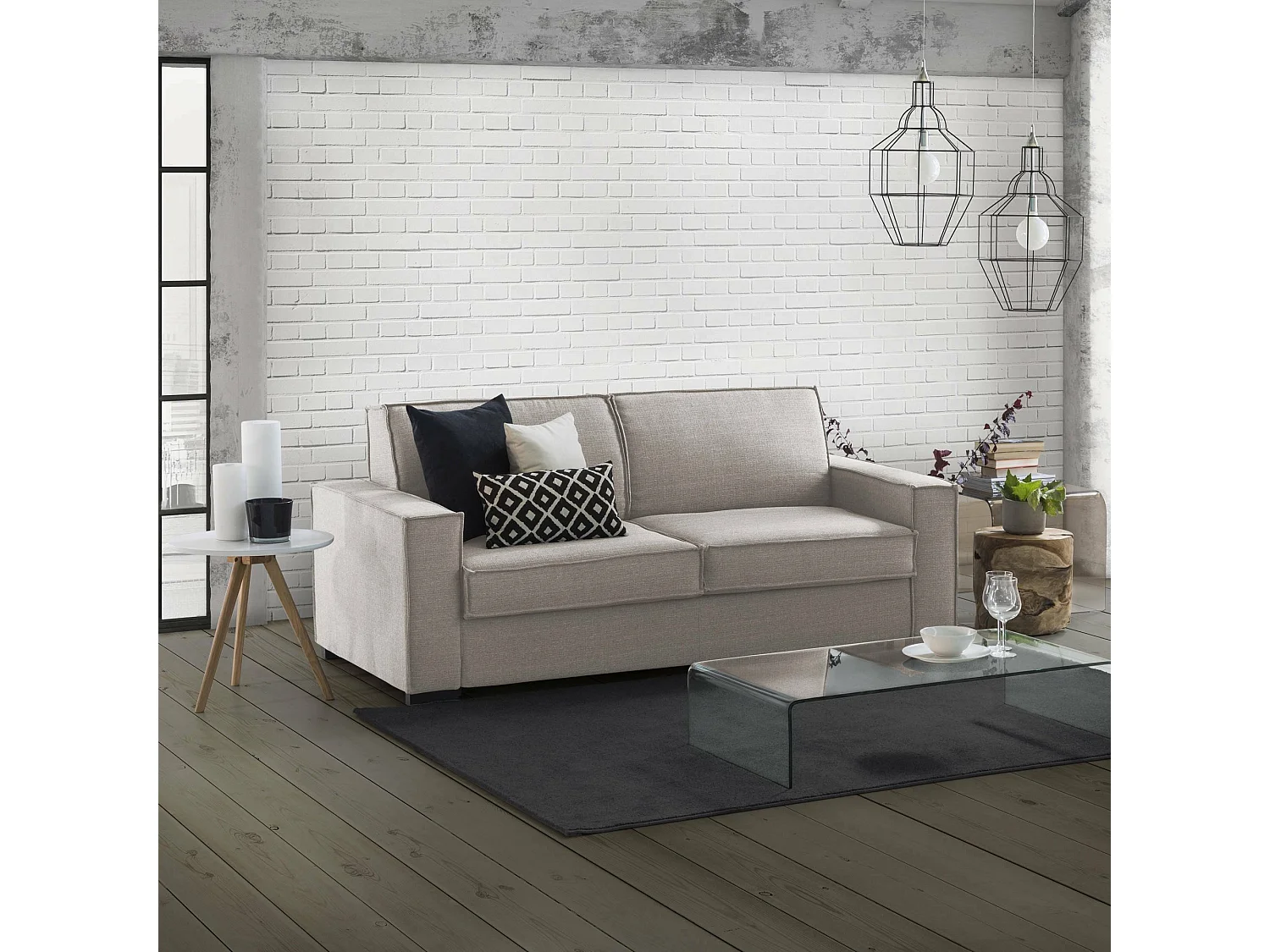 Sofá cama 2 plazas Achiropita, Sofá de salón con apertura giratoria, Tejido acolchado, Reposabrazos delgados, 100% Made in Italy, Cm 180x95h90, Taupe