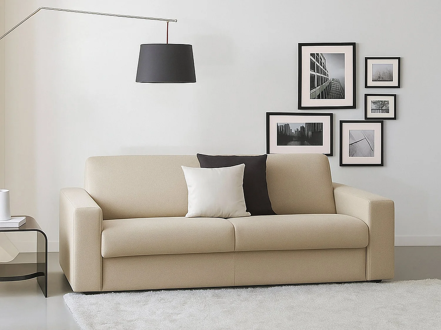 Canapé fixe Mara, canapé 3 places, 100% Made in Italy, Canapé de salon, en tissu rembourré, avec accoudoirs fins, 200x95h90 cm, Beige