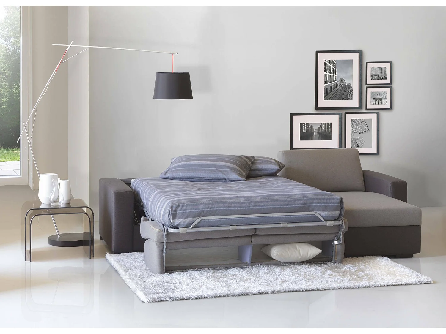 Divano letto con penisola Alicya, Sof con penisola contenitore reversibile, Braccioli standard, 100% Made in Italy, Cm 280x95h90, Grigio e Antracite