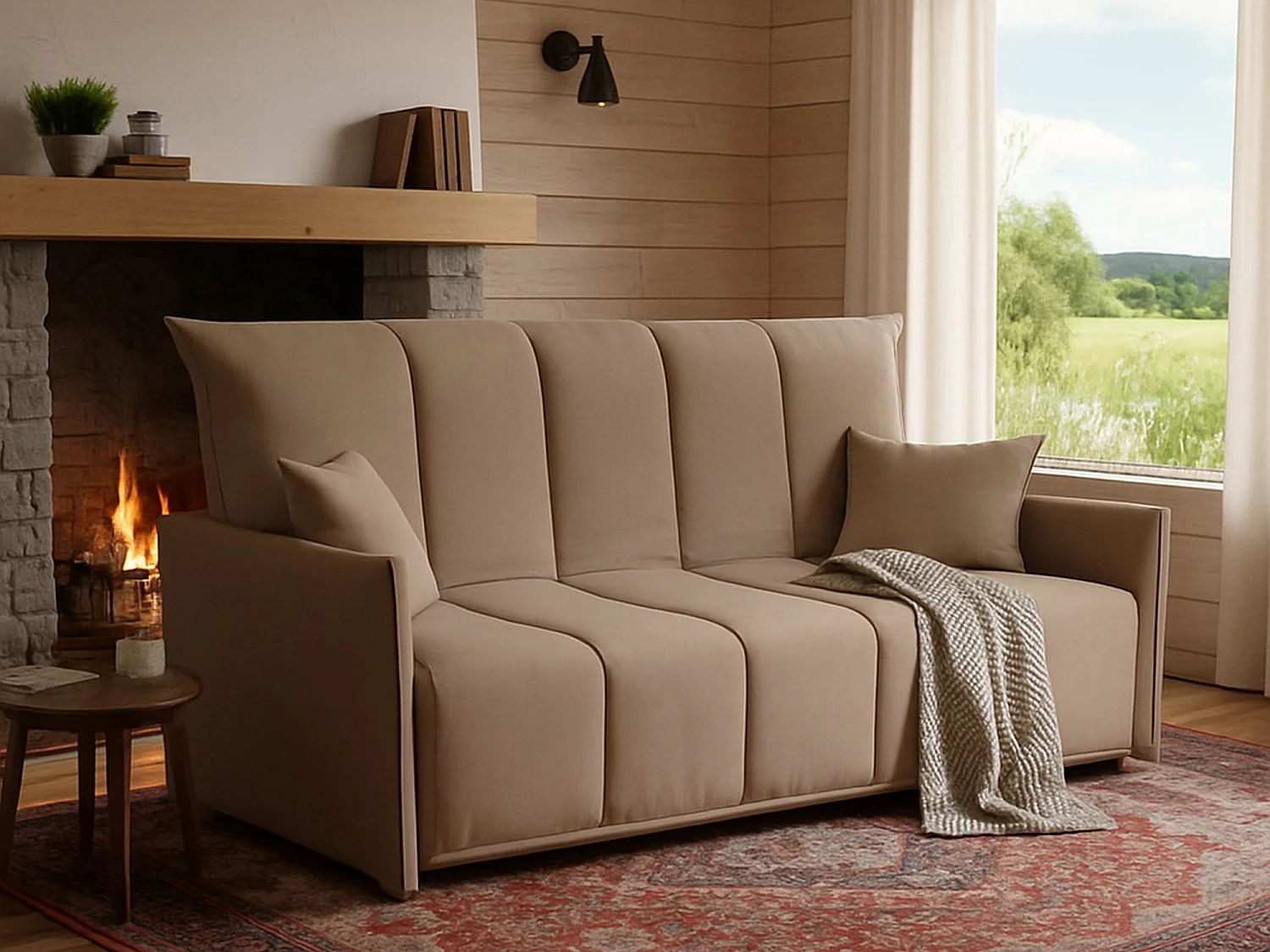Sofá-cama Alissa, sofá de 2 lugares, 100% Fabricado na Itália, Sofá da sala com abertura para carrinho, em tecido acolchoado, com braços padrão, 150x90h85 cm, Taupe