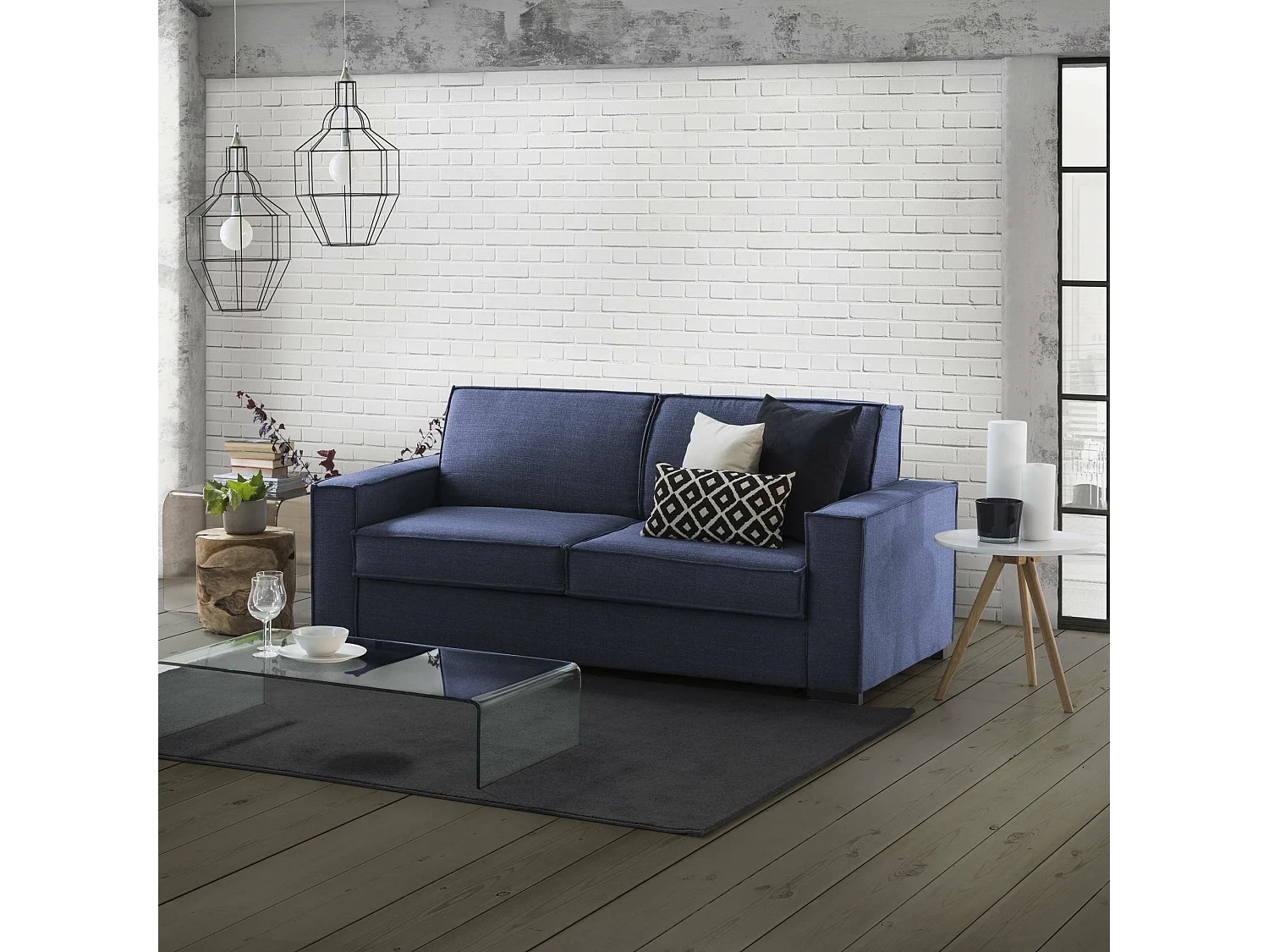 Festes Sofa Carol, 2-Sitzer-Sofa, 100 % Made in Italy, Wohnzimmersofa aus Stoff, mit schmalen Armlehnen, 160 x 95 x 90 cm, Blau