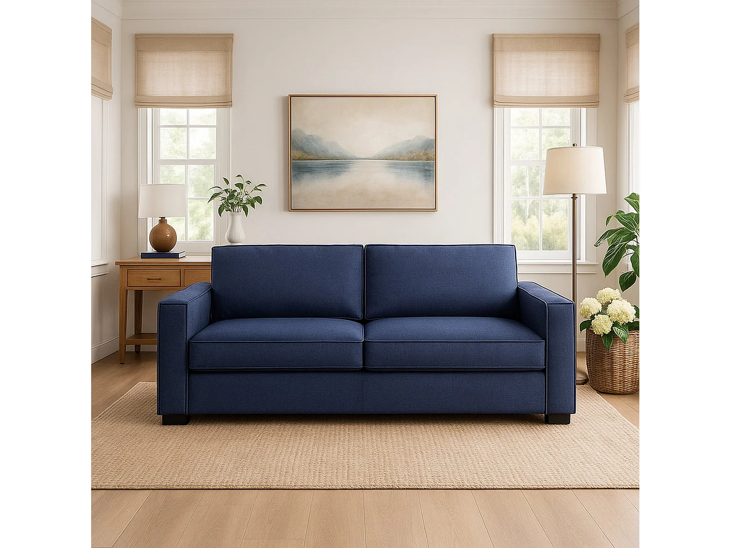 Canapé fixe Carol, canapé 2 places, 100% Made in Italy, Canapé de salon en tissu, avec accoudoirs fins, 160x95h90 cm, Bleu