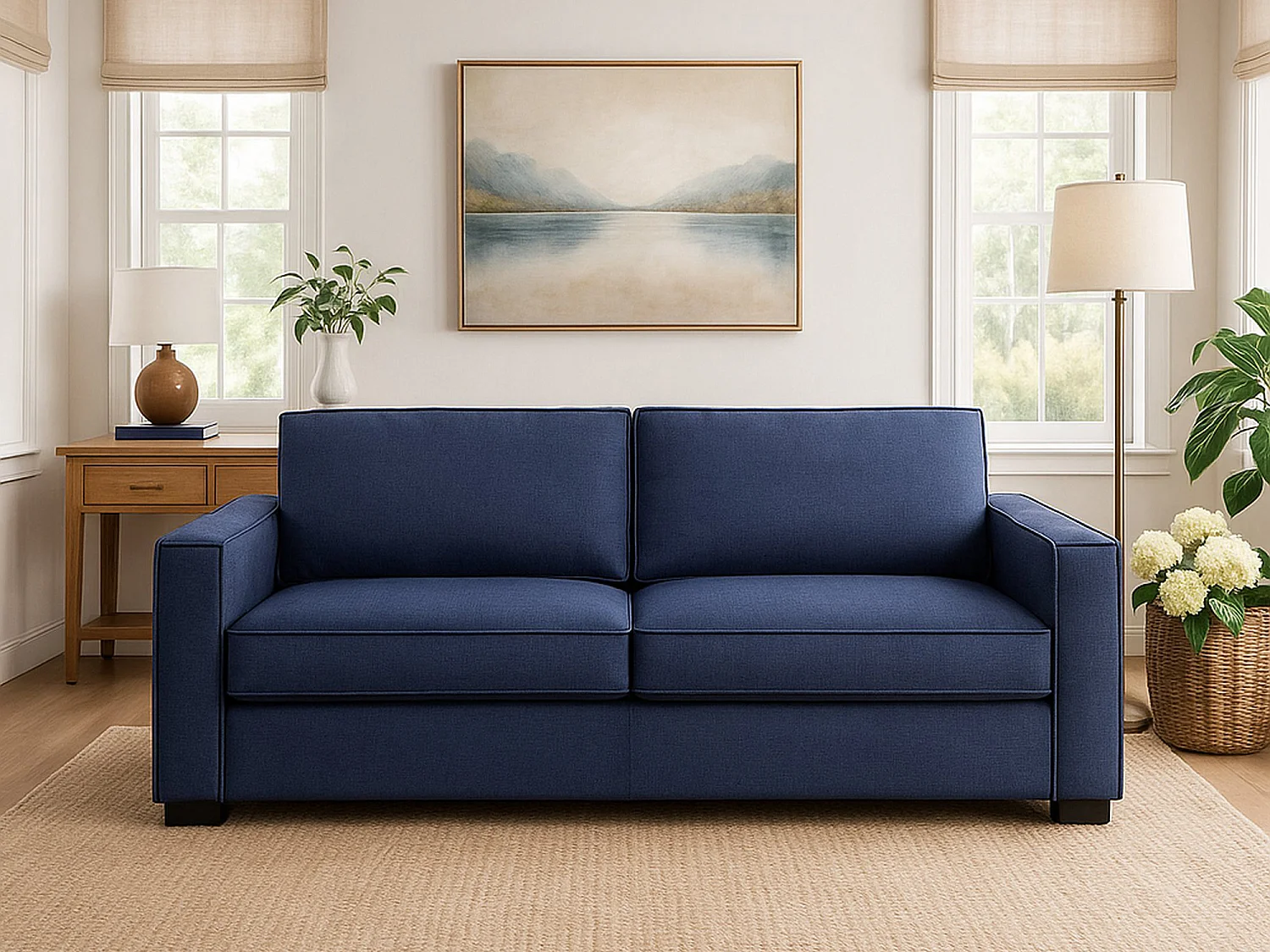 Canapé fixe Carol, canapé 2 places, 100% Made in Italy, Canapé de salon en tissu, avec accoudoirs fins, 160x95h90 cm, Bleu