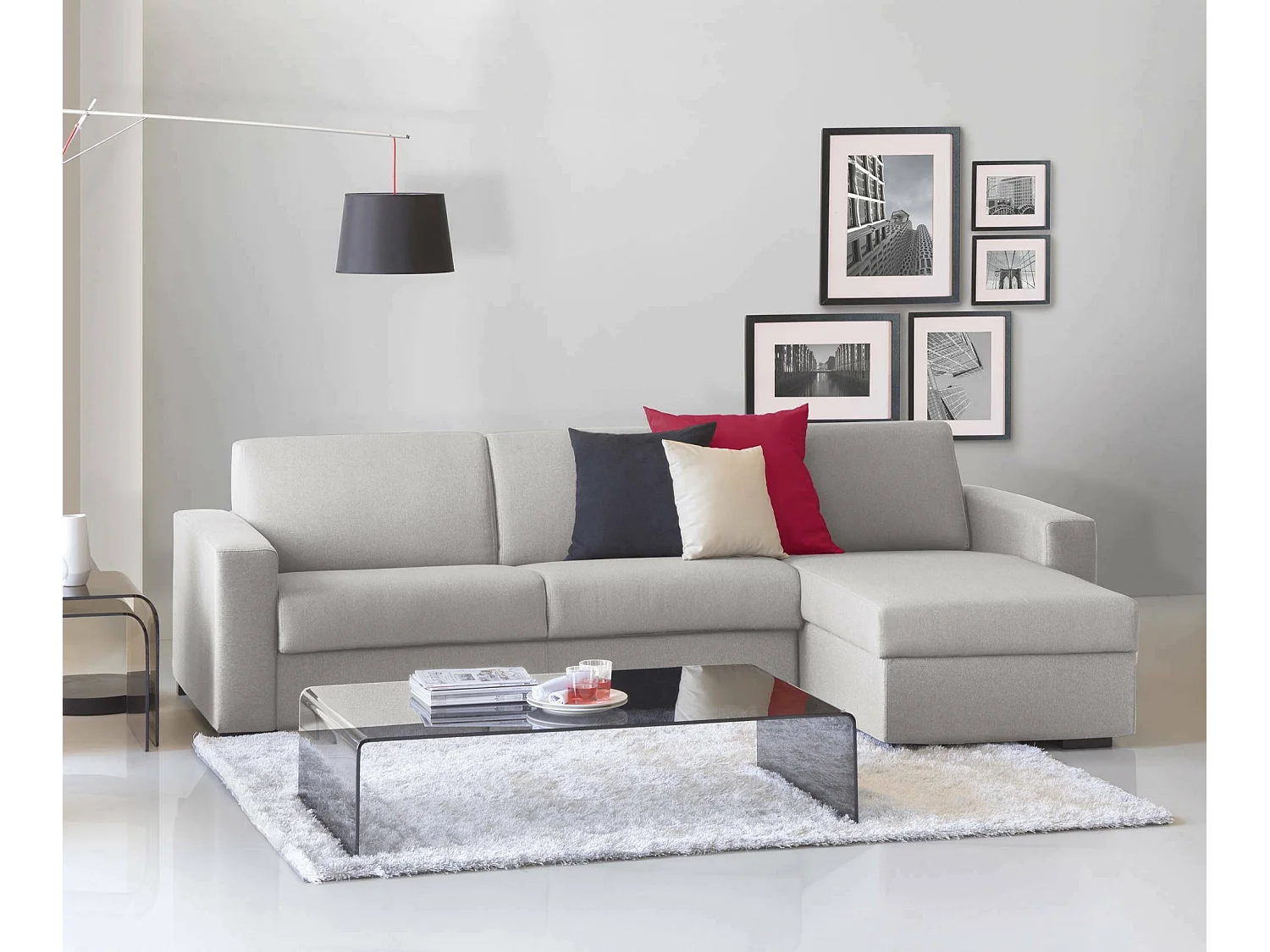 Divano fisso con penisola Debora, Sof ad angolo, Penisola contenitore reversibile, Braccioli slim, 100% Made in Italy, Cm 260x95h90, Grigio