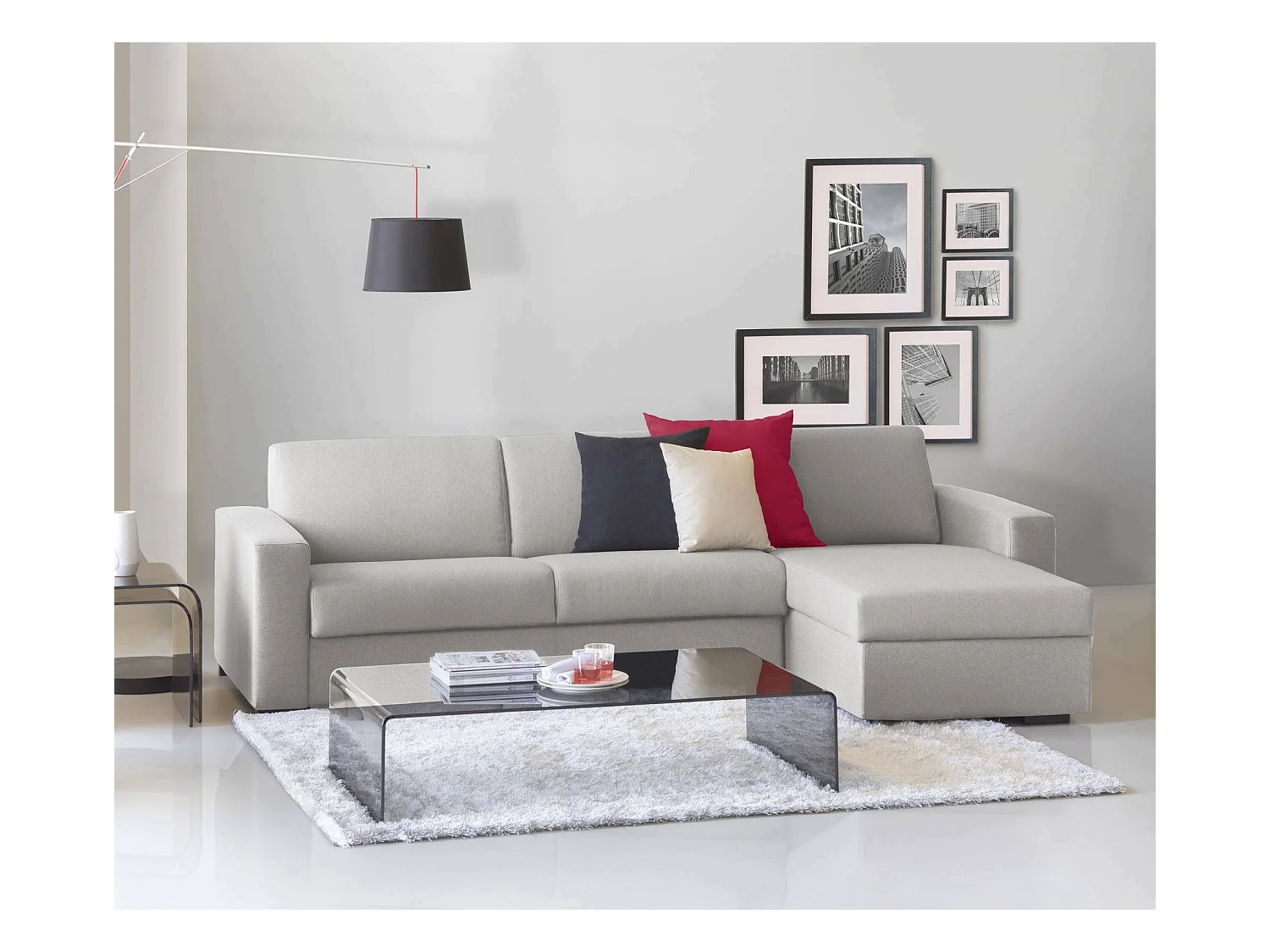 Debora vaste bank, Hoekbank, 100% Made in Italy, Woonkamerbank, met omkeerbaar opbergschiereiland, in gewatteerde stof, met slanke armleuningen, 260x95h90 cm, Grijs